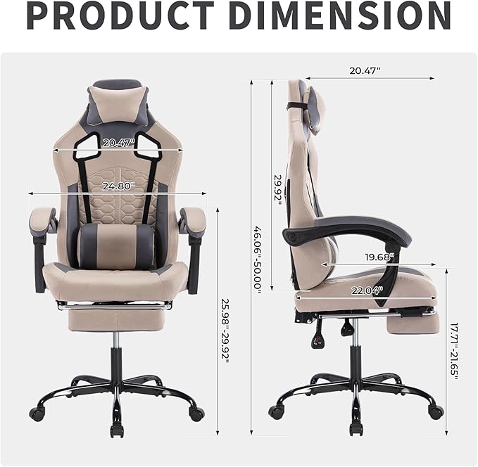 Grey Ergonomic Gaming Chairs for Adults Swivel Height Adjustable Comfortable Office Desk Chair with Footrest and Lumbar Support PU Upholstered Computer Chair with Headrest (Grey)