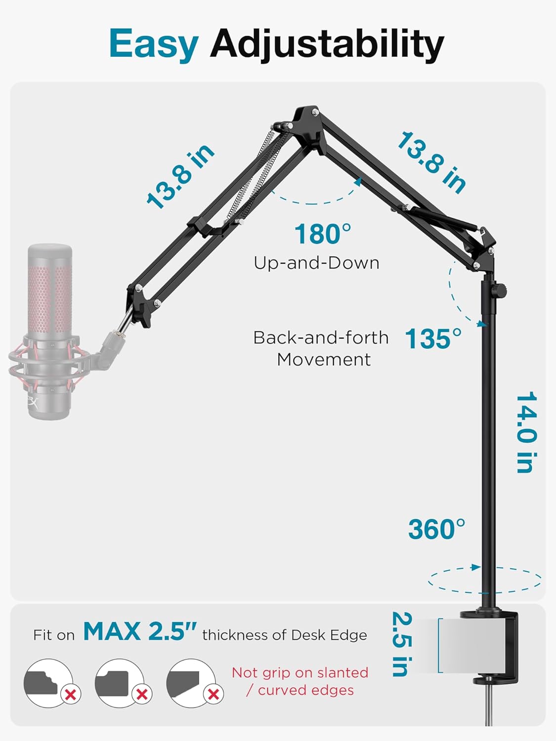 InnoGear Desk Mic Stand, 360° Rotatable Overhead Mic Boom Arm Microphone Stands High Riser for Blue Yeti Snowball HyperX QuadCast SoloCast Fifine Shure SM7B and Other Mics