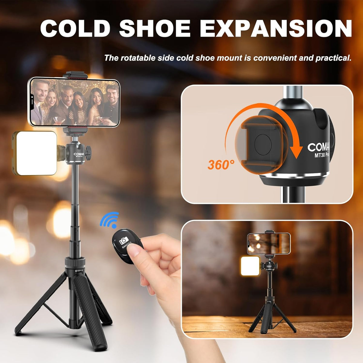 COMAN MT30-Pro Extendable Phone Tripod, 61cm Cell Phone Tripod Stand for iPhone with 360° Ball Head, Selfie Stick Vlog Stand with Remote, Tripod for iPhone 16/15/14/13/12 Pro Max/Android, Black