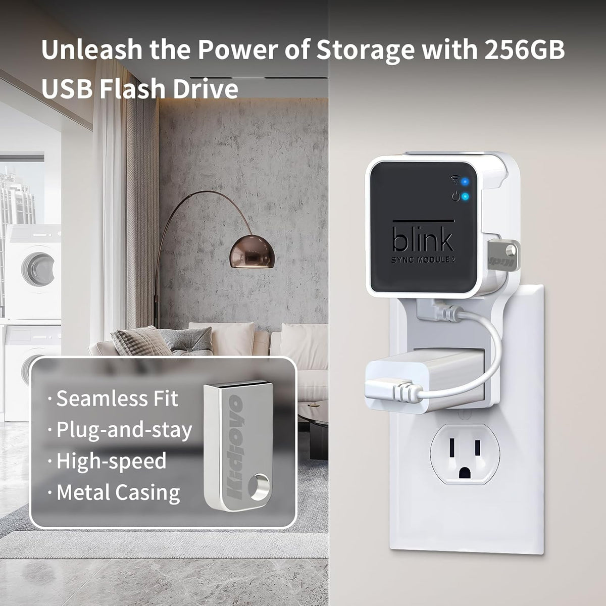 256GB USB Flash Drive & Outlet Wall Mount for Blink Sync Module 2 with Short Cable - Save Space - No Messy Wires - Easy Move Mount Bracket Holder for Blink Outdoor Indoor Security Camera (1 Pack)