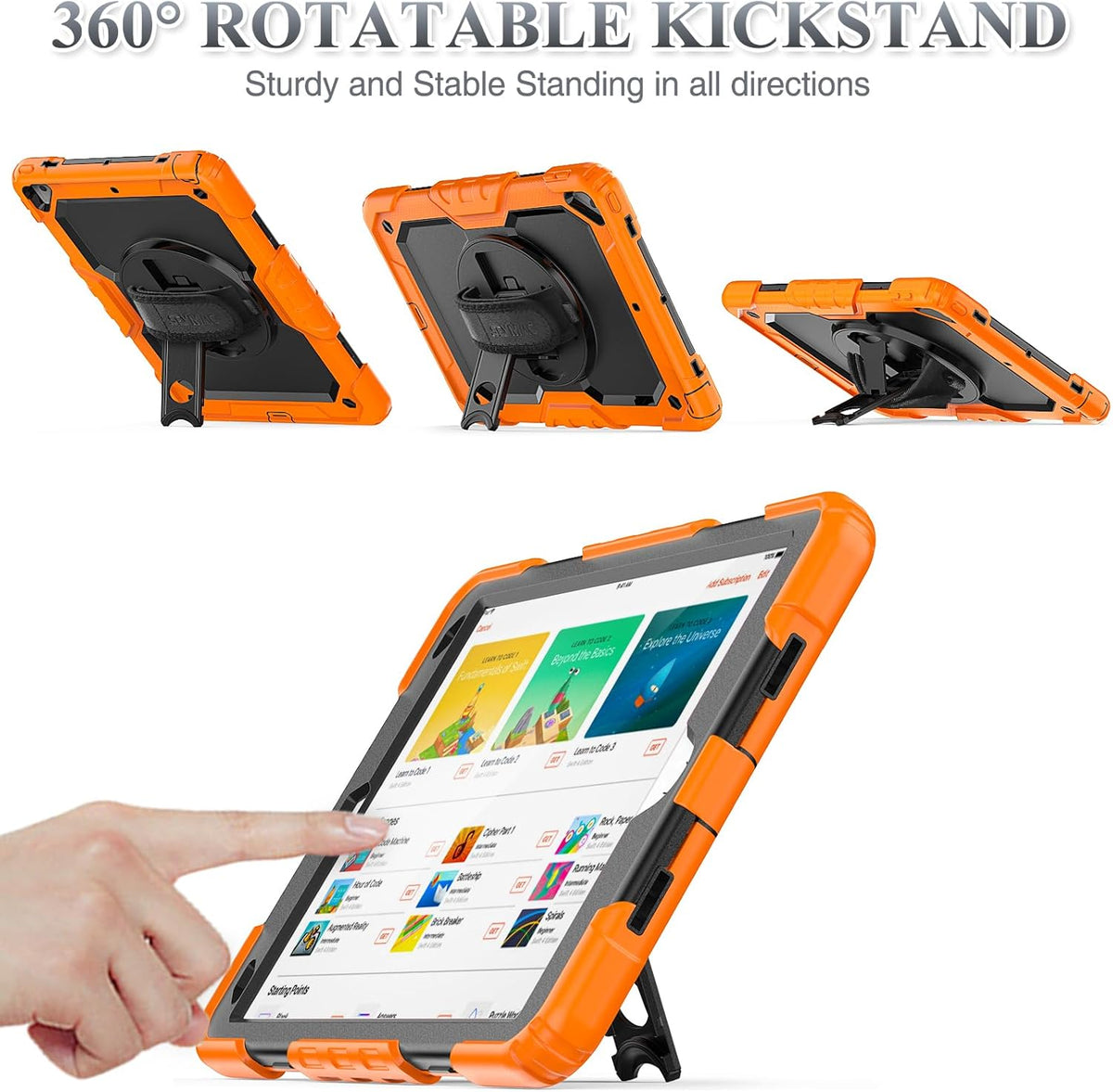 SEYMAC stock Case for iPad Air 3 2019 / Pro 10.5'' with Screen Protector Pen Holder [360° Rotate Hand Strap/Stand], Drop-Proof Case (Black+Orange)