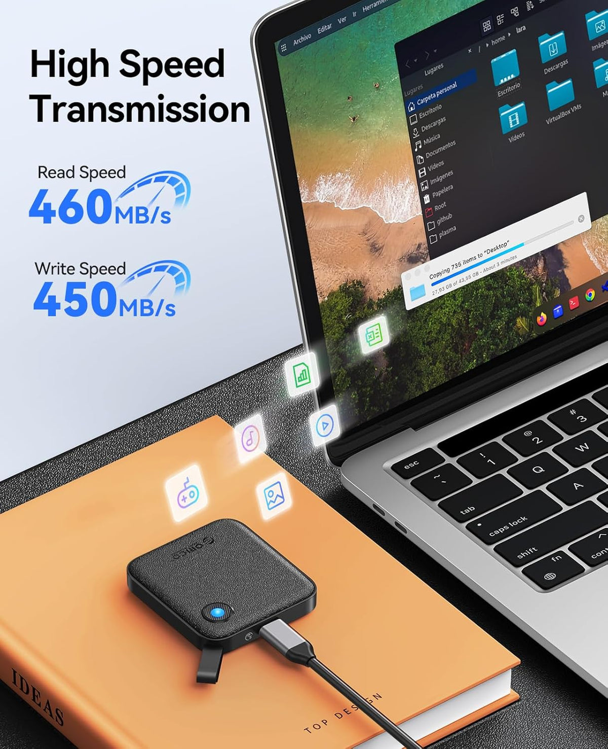 ORICO Portable SSD 4 TB with 2 in 1 USB C Cable, External Solid State Drives, Up to 460MB/s, Status Indicator, Reliable Storage for USB-C Smartphone, Tablet, PC - B5PLUS