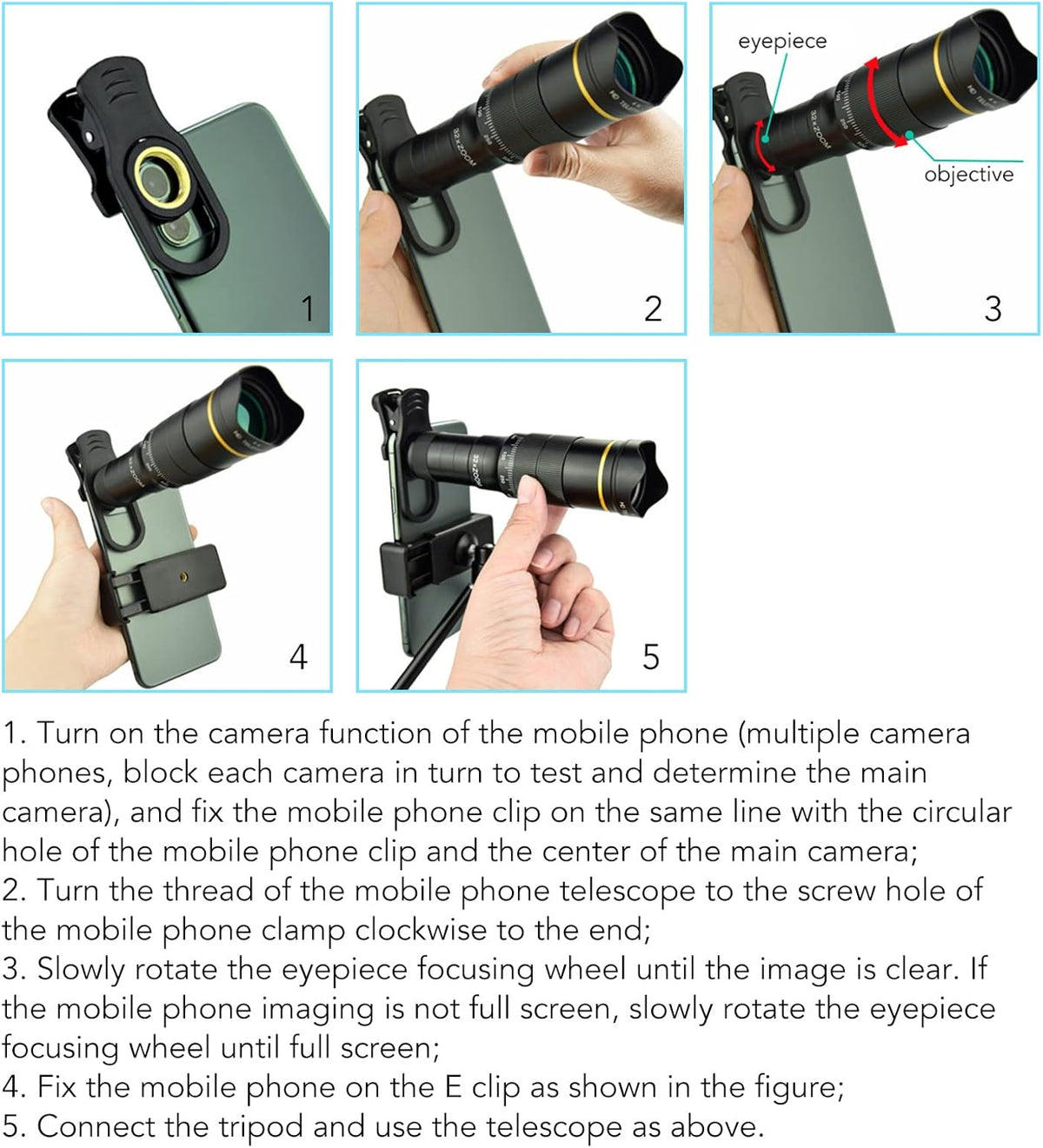 Portable 32X Phone Camera Lens HD Zoom Lens Clip On, Double Adjustment Eyepiece System, Large Aperture Objective Lens, Multiple Use Modes, Widely Applicable for Photo Video