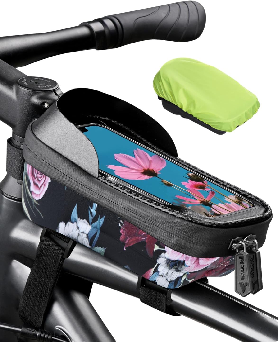 whale fall Hard Casing Floral Bike Bag, Never Deform/Waterproof, Bike Phone Mount with 0.25mm Sensitive TPU Touch-Screen, with Rain Cover for Phones under 6.9''