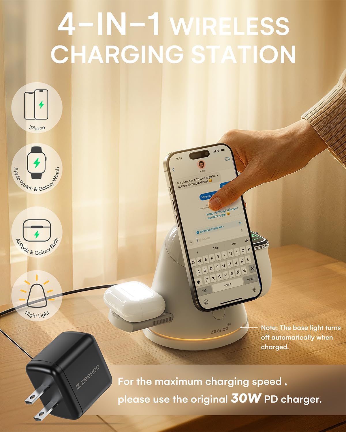 ZEEHOO 4 in 1 Wireless Charging Station for Apple,Mag-Safe Charger&Dimmable Light,Qi2 15W Rotating Fast Wireless Charger for iPhone 16,15,14,13,12&Pixel 10&iWatch&Samsung Watch&AirPods(30W Adapter)