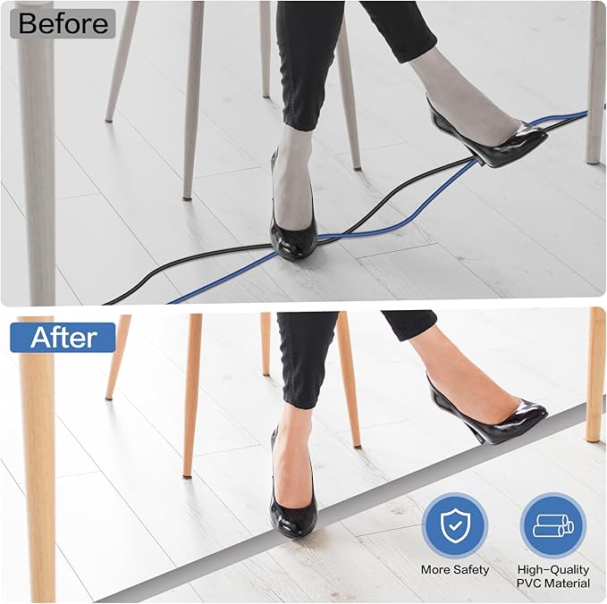 Floor Cord Cover Self Adhesive Cord Hider Floor Extension Cord Covers for Floor Power Cord Protector Cable Management Prevent Cable Trips Cable Cavity 0.47" W x 0.27" H (Grey, 20Ft)