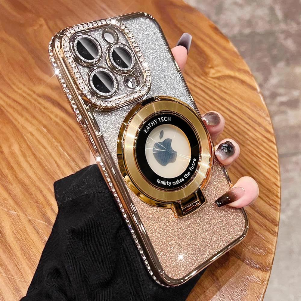 Magnetic Kickstand (Glitter Lens Protector ) Case for iPhone 15 14 13 12 Pro Max (Compatible with Magsafe ) Sparkling Diamond Cover Glitter Shiny Rhinestone Cases (Gold,for iPhone 13 Pro)