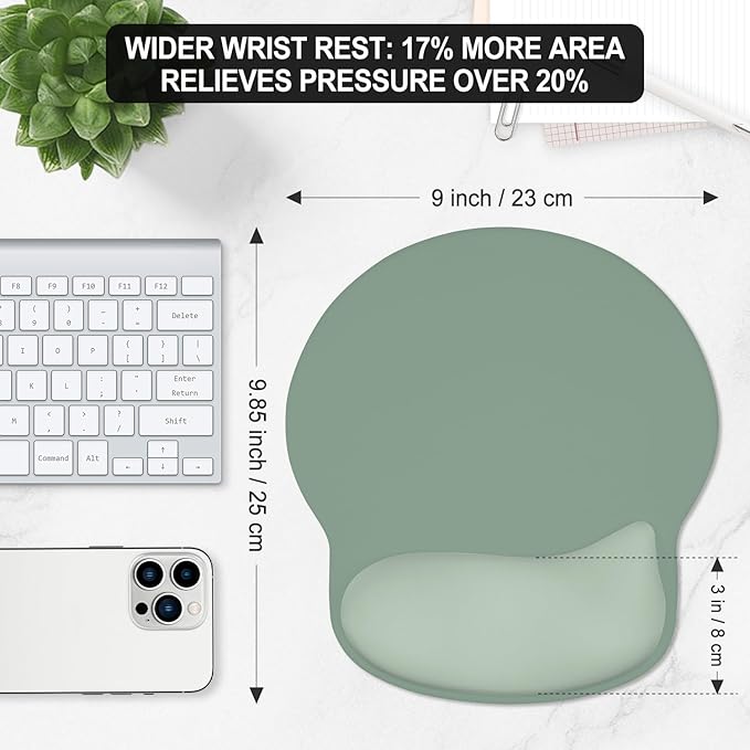 ITNRSIIET Ergonomic Mouse Pad with Wider Memory Foam Wrist Rest +17%, Curved Cushion Reduces Pressure 20%, Pain Relief, Non-Slip, Smooth, Cute Color Desk Accessory, 9.85 x 9 inch, Sage Mint Gradient