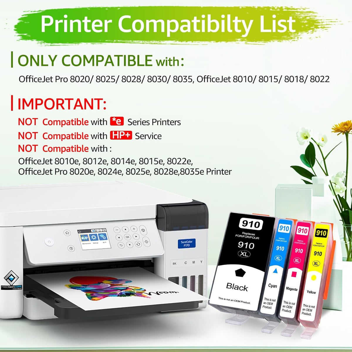 greencycle 910XL Ink Cartridges Replacement for HP Ink 910 910Xl Black and Color Combo Pack Compatible with OfficeJet 8010 8015 8018 8022,OfficeJet Pro 8020 8030 8025 8028 8035 Printer (BCMY-4 Pack)
