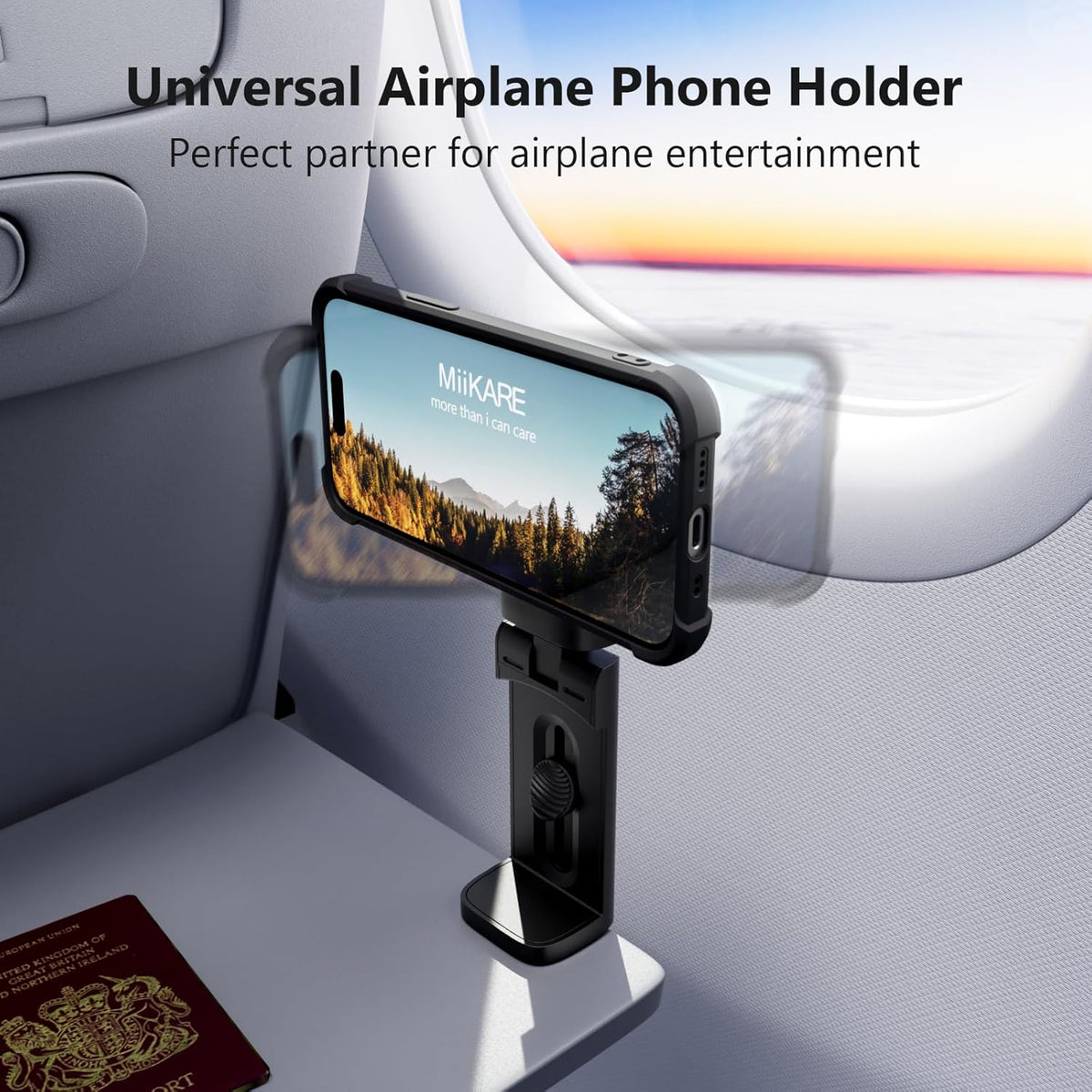 MiiKARE Travel Essentials Magnetic Airplane Phone Holder, Universal Handsfree Phone Mount for Flying with 360 Degree Rotation, Travel Must Haves Phone Stand for Desk, Tray Table, Black&Black