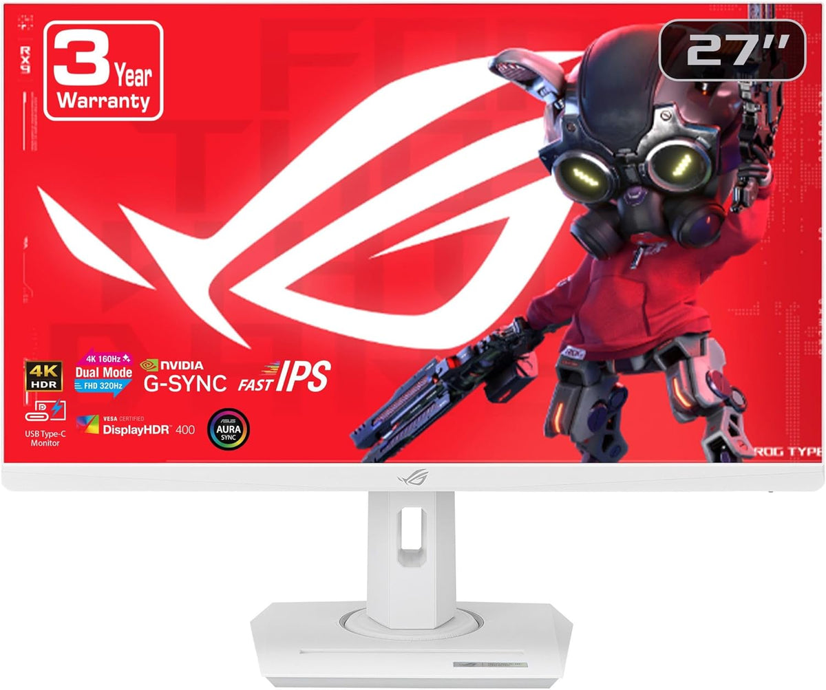 ASUS ROG Strix 27” 4K HDR USB-C Gaming Monitor (XG27UCG-W) – White, UHD (3840x2160) Dual Mode (4K 160Hz or FHD 320Hz), 1ms, Fast IPS, ELMB Sync, G-SYNC Compatible, AI Gaming, 3yr Warranty