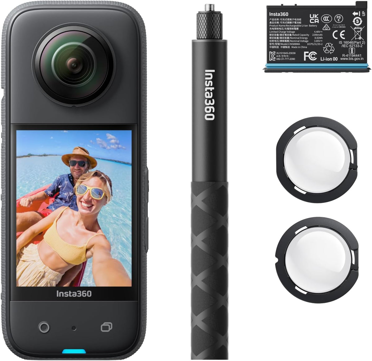 Insta360 X3 Starter Bundle - Waterproof 360° Action Camera with 1/2 Inch Sensor, 5.7K 360°, 72MP 360° Photos, Stabilisation, 2.29" Touch Screen, Vibration Feedback, AI Editing, Live Streaming