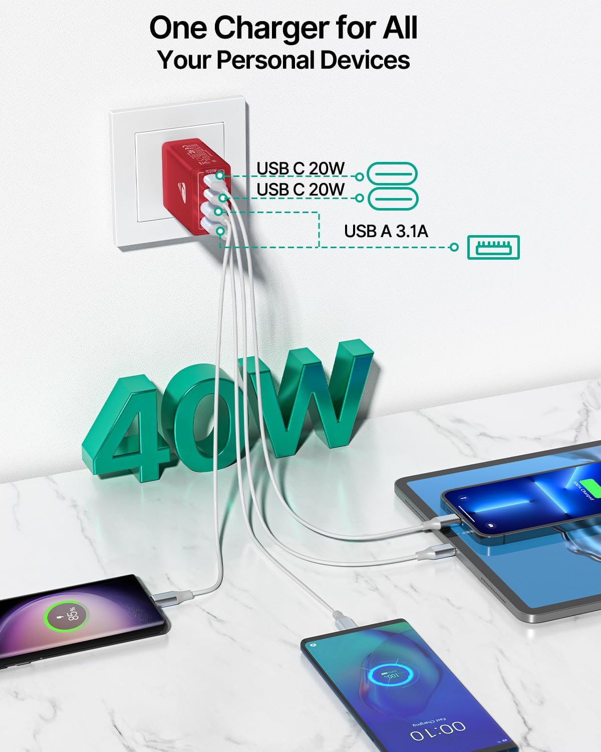 USB C Charger Block 2-Pack, Aiminu 40W 4-Port Fast USB C Charger Cube PD Power Delivery Fast Type C Charging Block Plug Adapter for iPhone 16/15/14/13/12/11/Pro Max, XS/XR/X, iPad, Android Phones