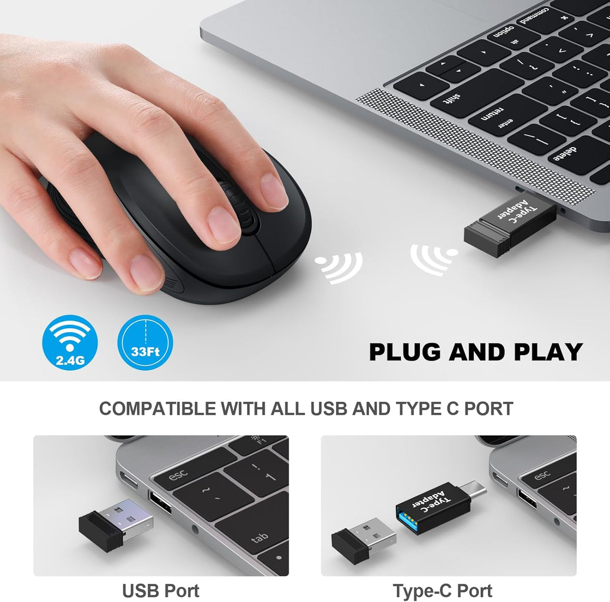 WisFox 2.4G Wireless Mouse for Laptop, Ergonomic Computer Mouse with USB Receiver and Type-C Adapter, 3 Adjustable Levels, 6 Button Cordless Wireless Mice for Windows Mac PC Notebook (Black)