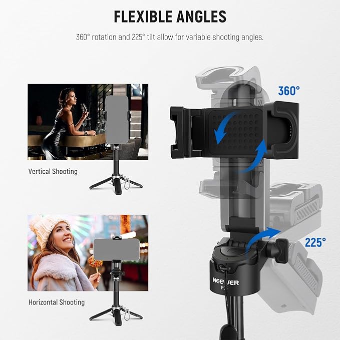 NEEWER Selfie Stick with Detachable Bluetooth Remote Shutter, Lightweight Foldable Travel Tripod for iPhone for YouTube/TikTok Vlogs Live Streaming Photography, Black, P15