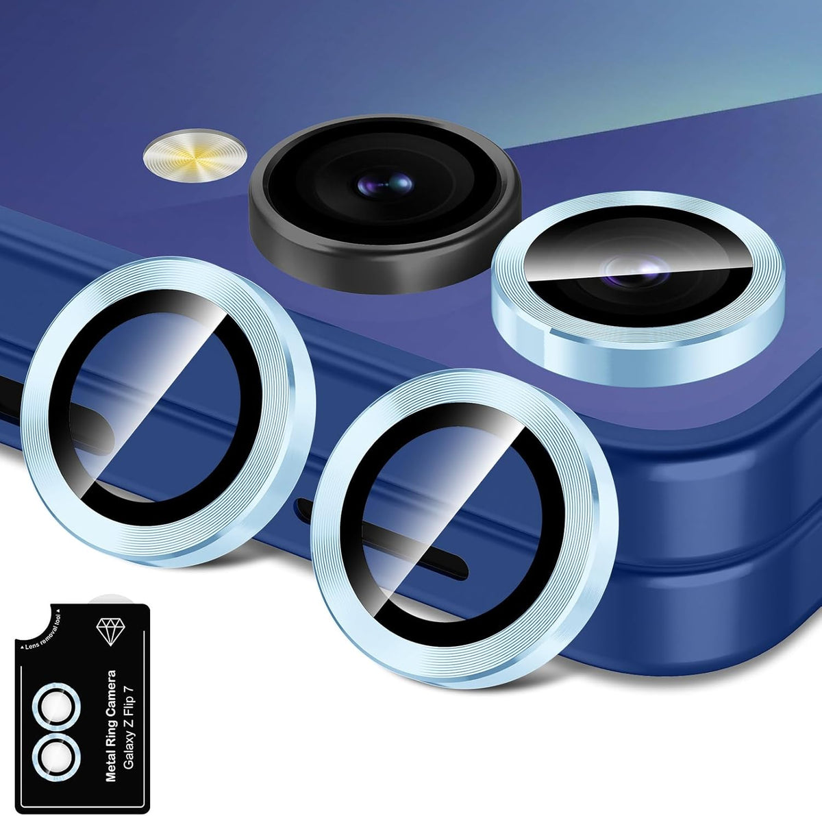 for Samsung Galaxy Z Flip 7 Camera Lens Protector, Individual Metal Ring Tempered Glass Lens Cover, [Strong Adsorption] Scratch Resistant Ultra-Thin HD Clear Lens Cover, 1 Set-Blue