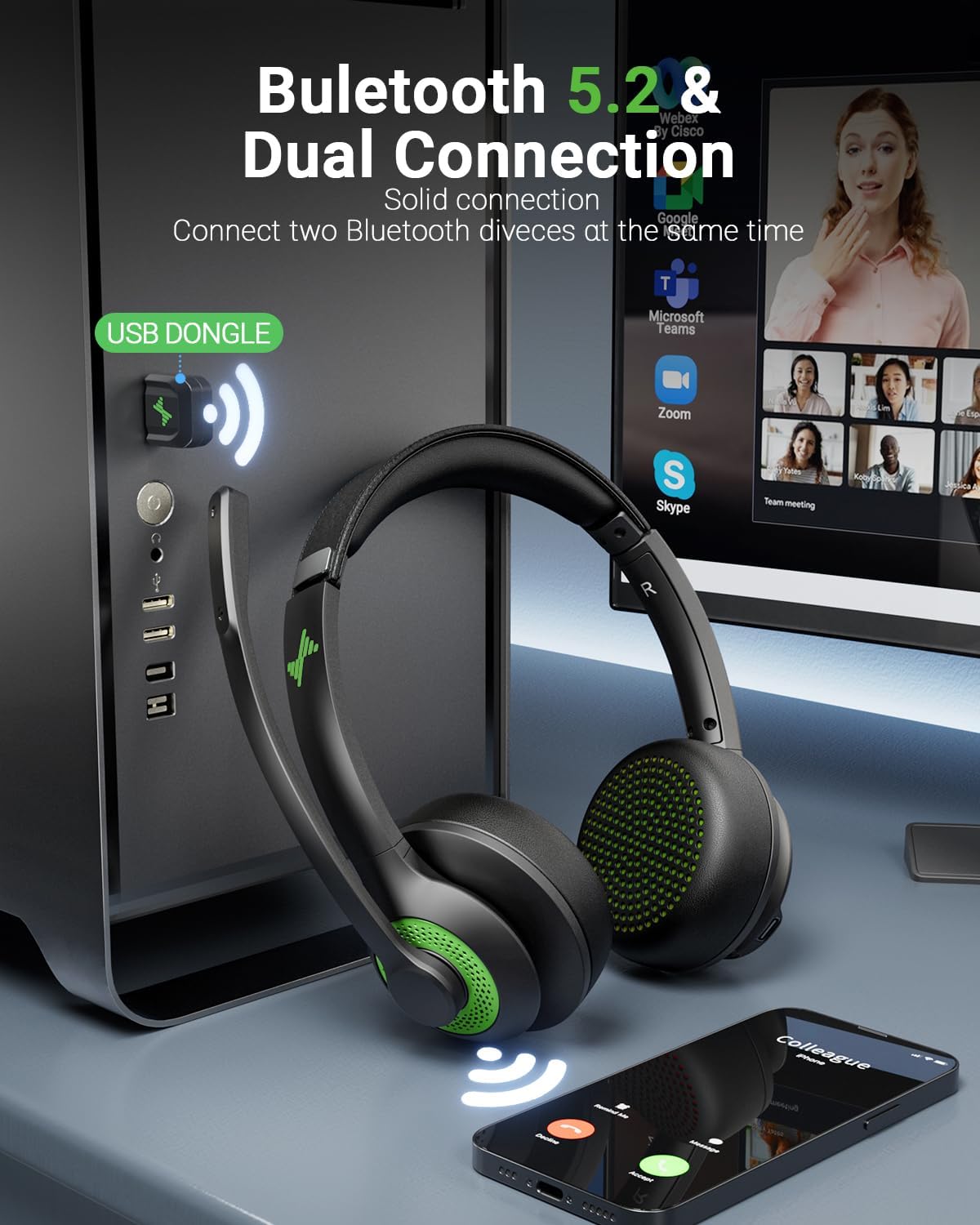 Wireless Headset with AI Noise Cancelling Microphone Bluetooth Headset - Bluetooth V5.2 Headphones with USB Dongle, Charging Base & Mic Mute for Computer/Laptop/PC/iPhone/Android/Cell Phones-Green