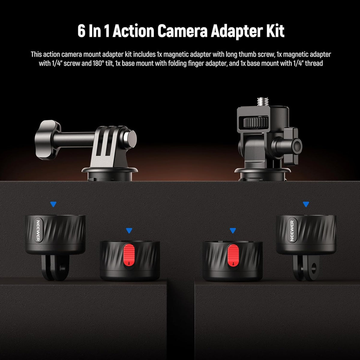 NEEWER GP-24 Action Camera Mount Accessories Kit for POV Shots, 4 in 1 ABS Magnetic Quick Release Mount with 1/4" Thread & Cleaning Cloth Compatible with GoPro DJI Osmo Action Insta360