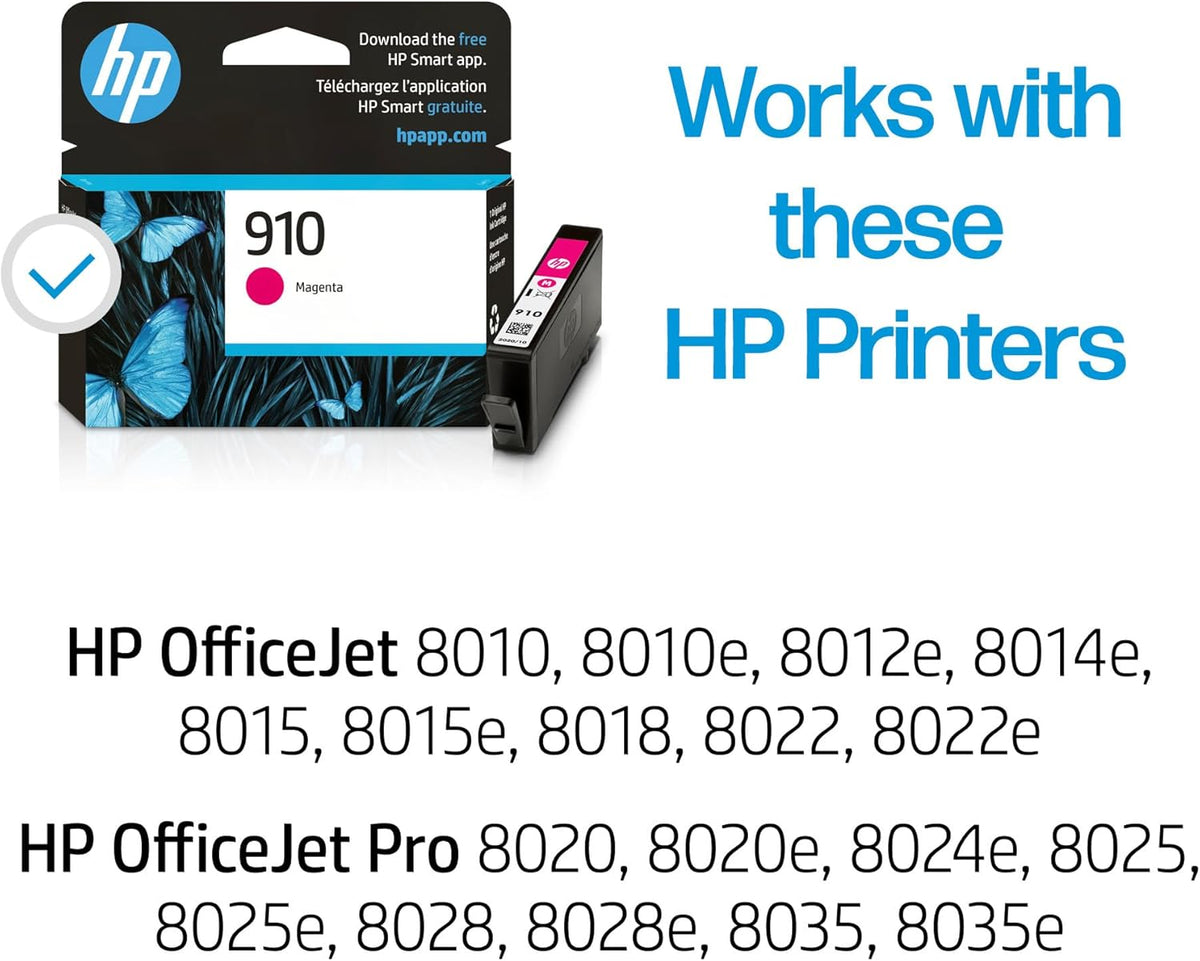 HP 910 Magenta Ink Cartridge | Works with HP OfficeJet 8010, 8020 Series, HP OfficeJet Pro 8020, 8030 Series | Eligible for Instant Ink | 3YL59AN