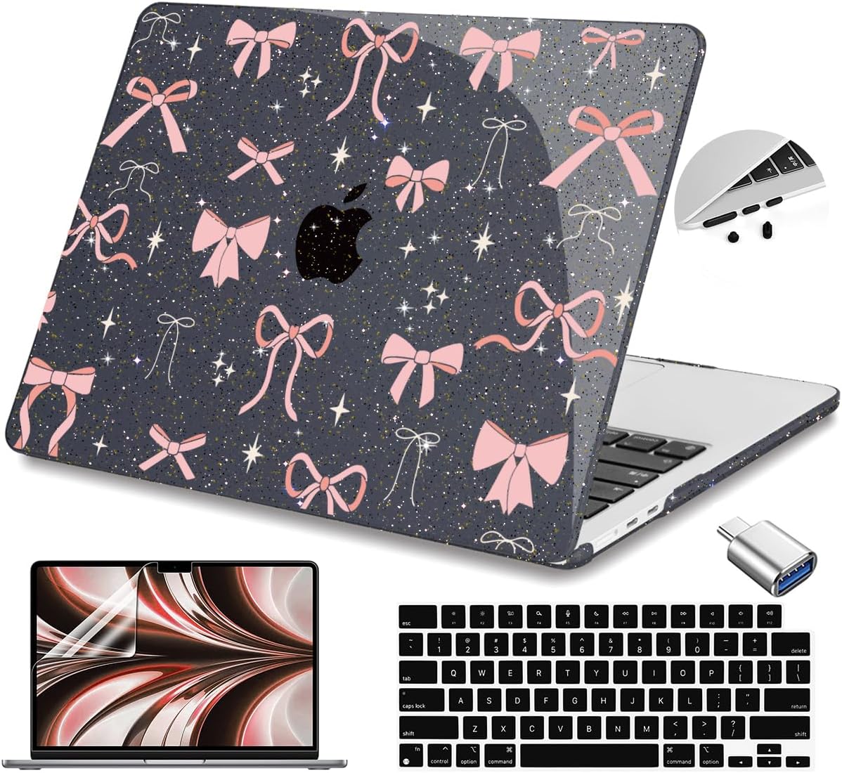 Teryeefi for MacBook Air 13.6 inch Case M4 M3 M2 2024-2022 Release Model A3240 A3113 A2681, Protective Plastic Hard Shell Case Cover for MacBook Air M2 M3 M4 Chip 13 inch, Pink Ribbon Bow-105