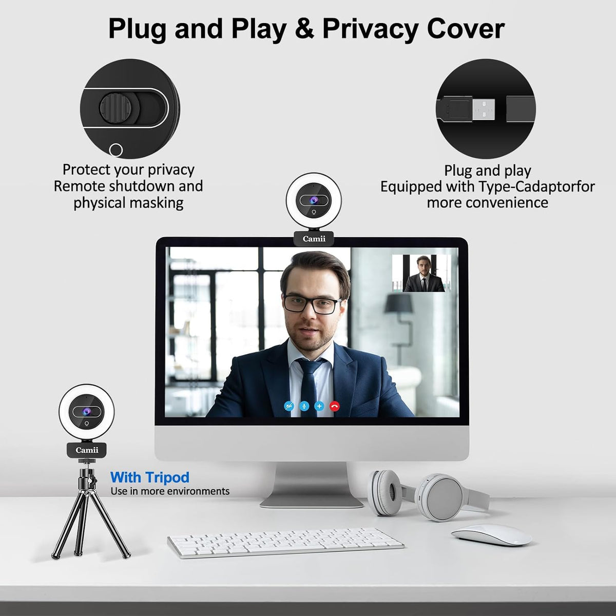 4K Webcam with Light, HD Webcam for PC with Remote Control, Built-in Privacy Cover, Adjustable Brightness, Noise Reduction Mics, for Zoom Skype Teams Laptop and Google Meet