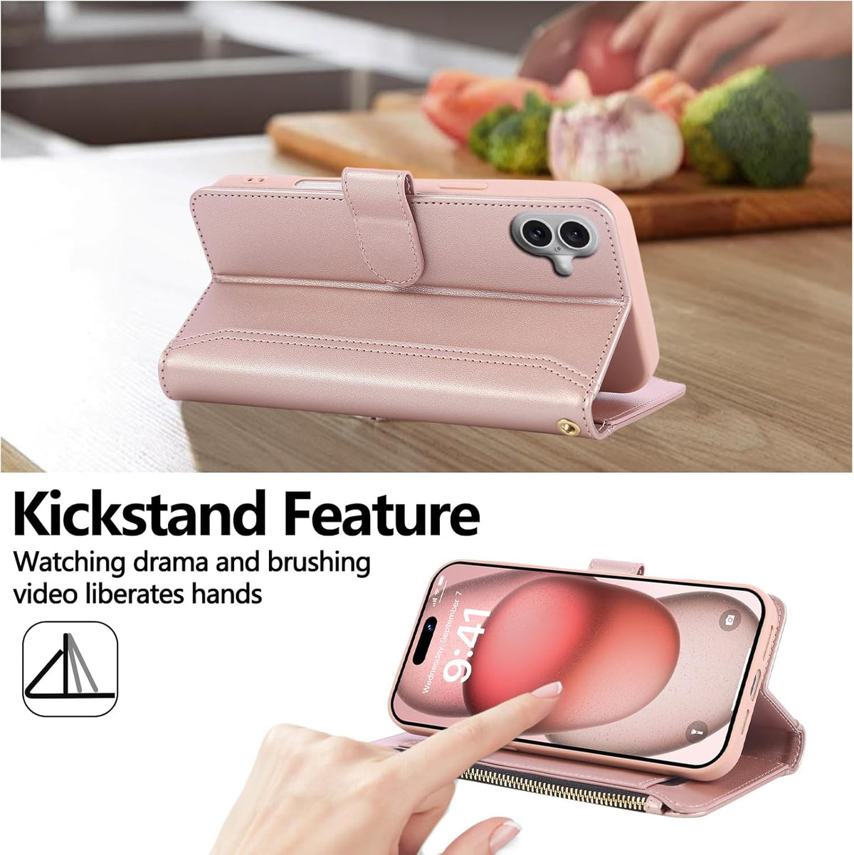 Compatible with iPhone 16 Wallet Phone Case-PU Leather Magnetic Flip Cover with Credit Card Slots,Zipper Pocket & Detachable Wrist Strap,Shockproof Design,for Women and Men-Pink