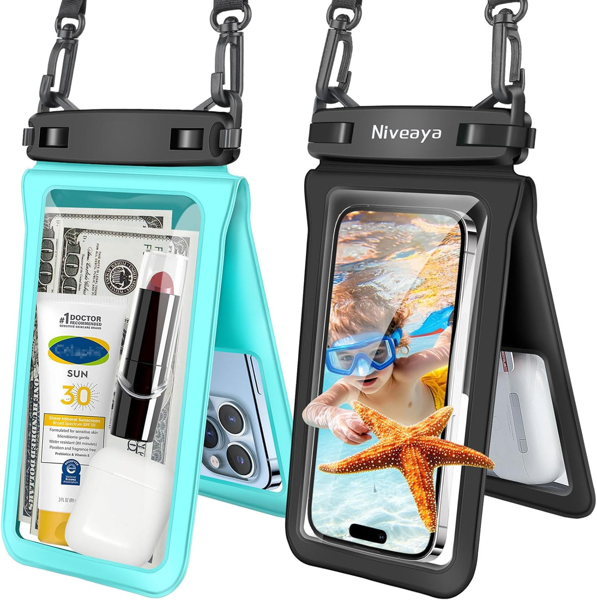 Niveaya Double Space Waterproof Phone Pouch - 2 Pack, Waterproof Phone Lanyard Case with iPhone 16/15/14/13/12 Pro Max up to 8.3", Phone Dry Bags for Vacation Beach Pool Kayak Cruise Travel Essentials
