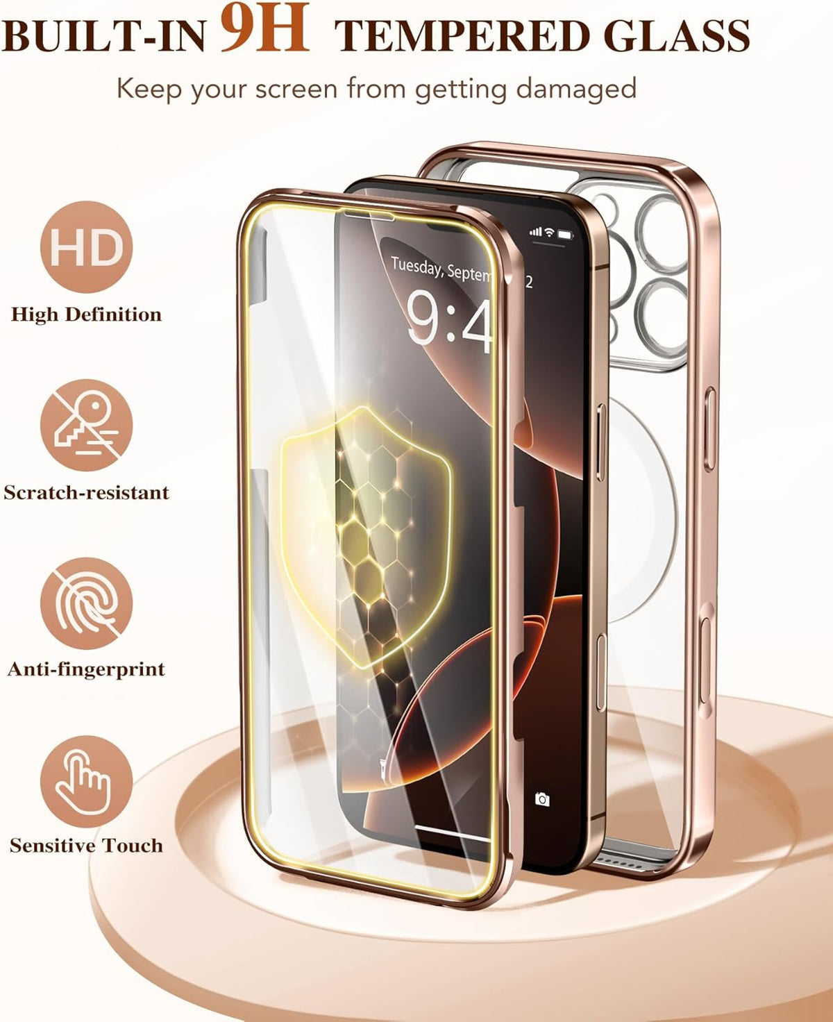 BERFY Magnetic for iPhone 16 Pro Case, Compatible with Magsafe, Built-in 9H Tempered Glass Screen Protector & Upgraded Camera Protection, Full-Body Plating Phone Case for 16 Pro 6.3", Desert Gold