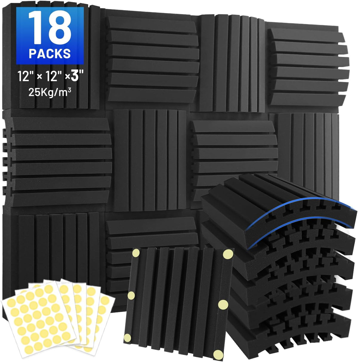 Focusound 18 Pack Curved Acoustic Foam Panels 3" x 12" x 12" Sound Proof Foam Panels Soundproofing Noise Cancelling Wedge Panels for Home Office Recoding Studio with 150 PCS Double-Side Adhesive