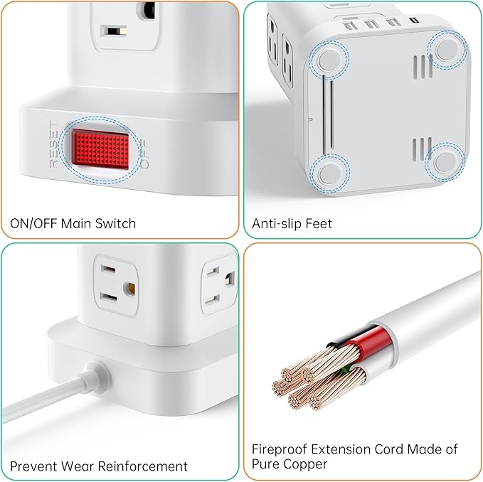 Power Strip with 12 Outlets 4 USB (1 USB C), 16.5Feet Extension Cord with Multiple Outlets, Charging Station, Power Strip Tower, Home Office Desk Supplies