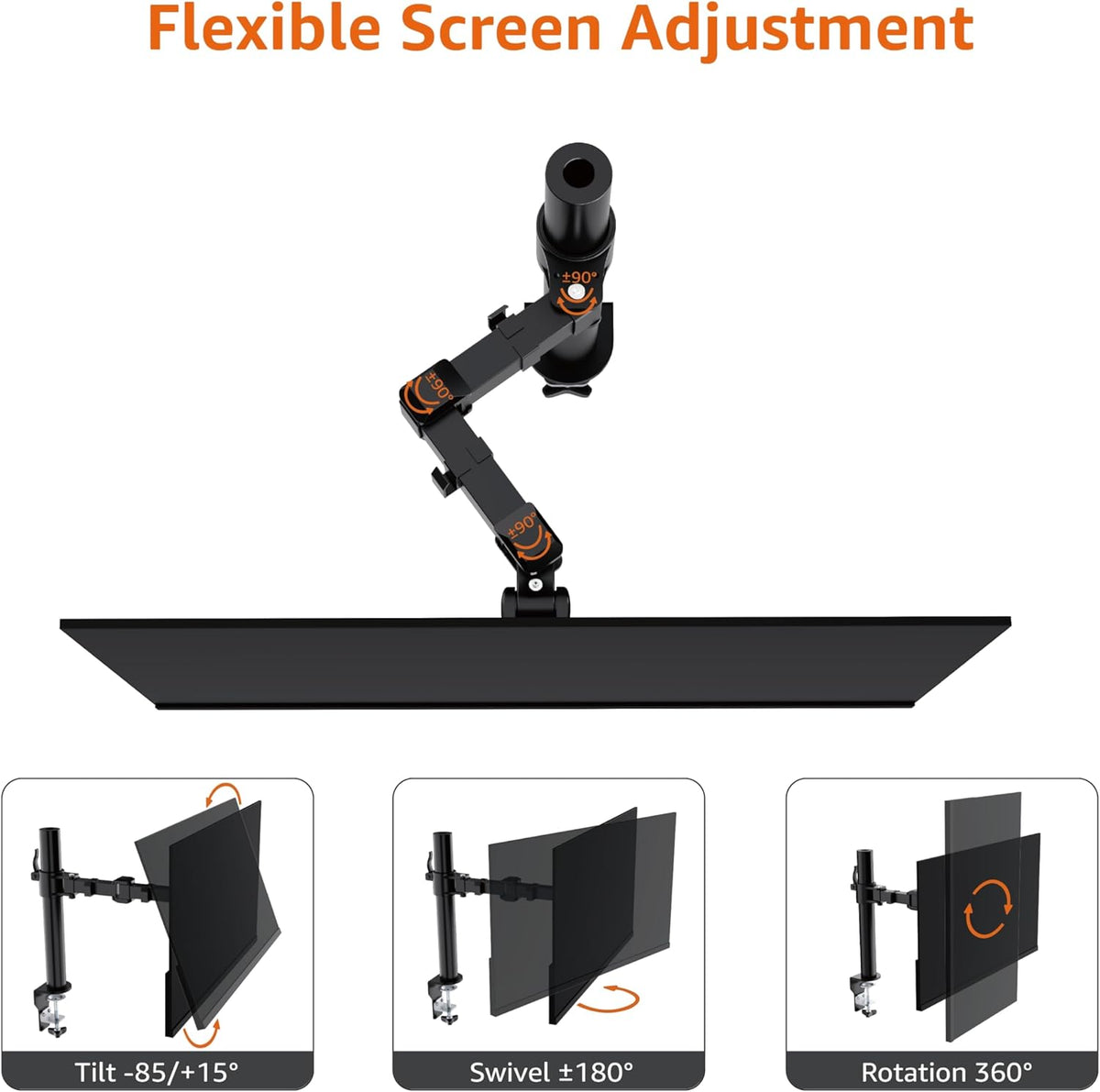 Amazon Basics Single Computer Monitor Stand with Tilt and Rotation, Height Adjustable VESA Desk Arm Mount, Steel, 30 inches, Black