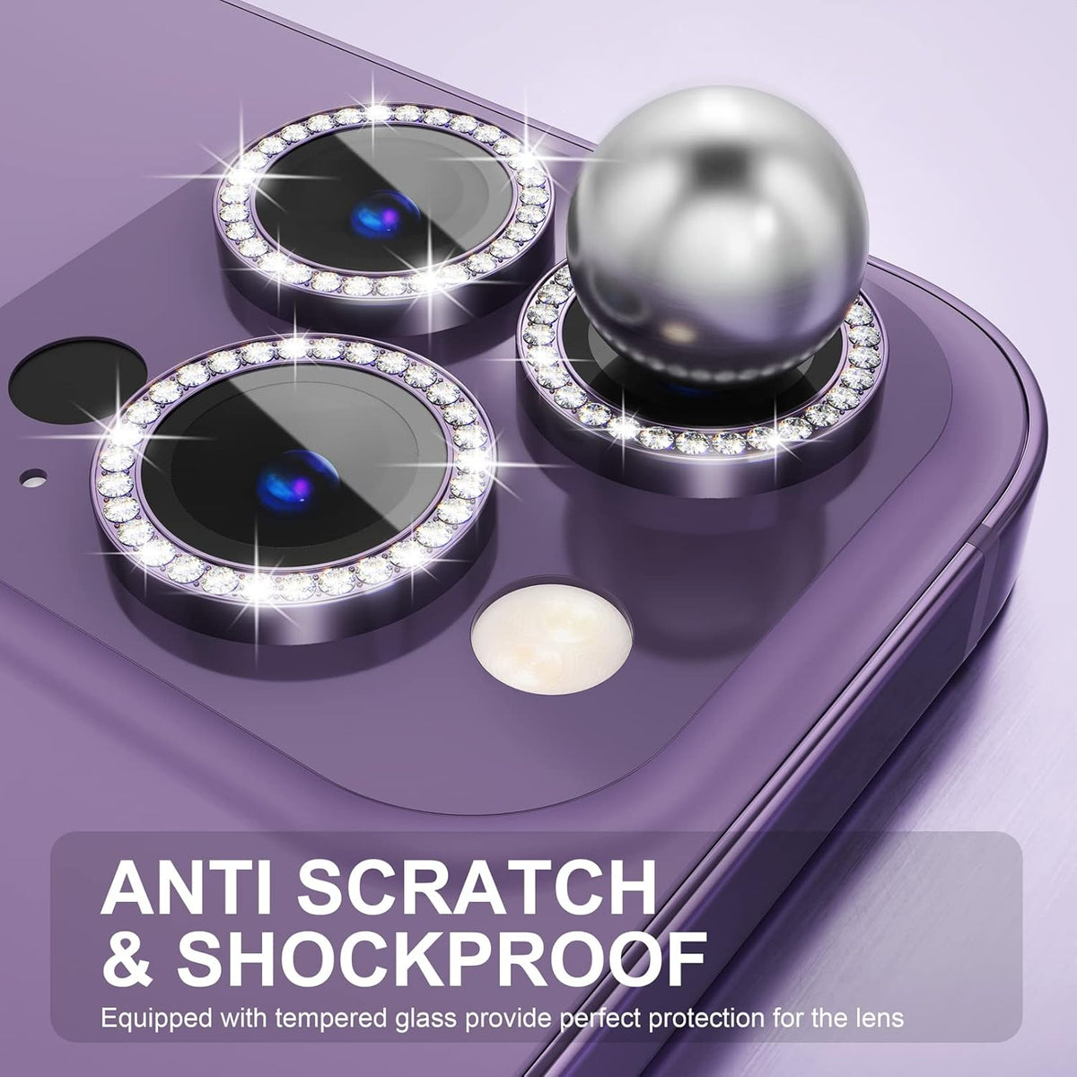Choiche [3+1 for iPhone 14 Pro/iPhone 14 Pro Max Camera Lens Protector Bling, 9H Tempered Glass Camera Cover Screen Protector Metal Ring Decoration Accessories (Diamond-Purple)