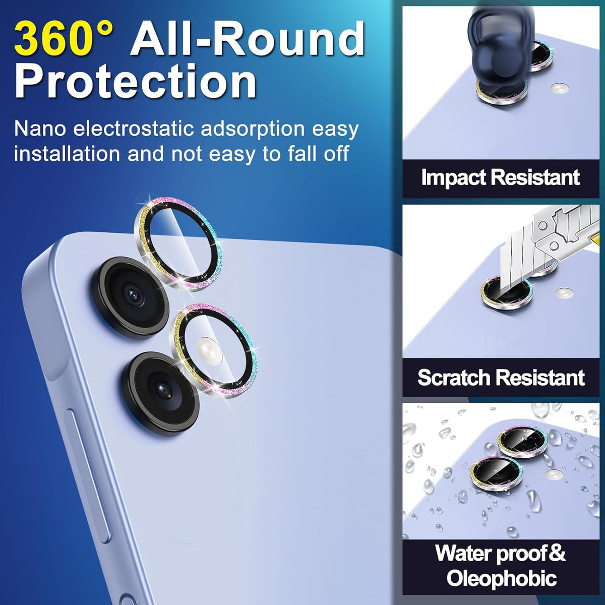 for Samsung Galaxy A06 Camera Lens Protector, Individual Metal Ring Tempered Glass Lens Cover, [Strong Adsorption] Scratch Resistant Ultra-Thin HD Clear Lens Cover, 1 Set-Colorful Sparkly