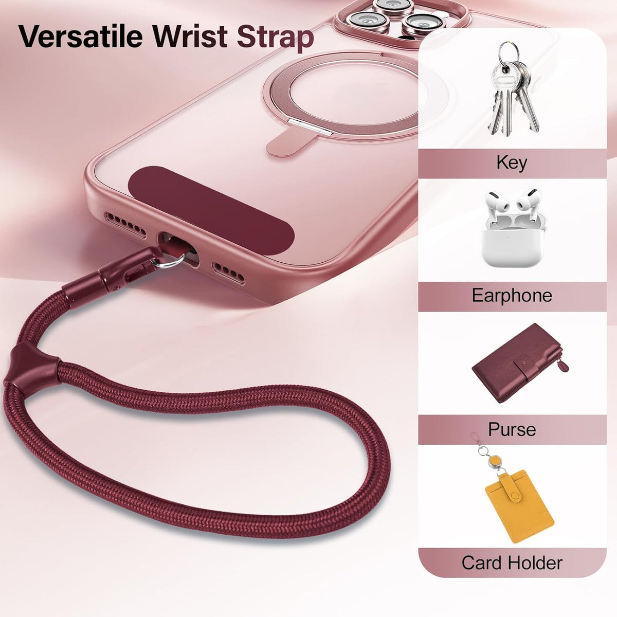 Phone Wrist Strap, Universal Adjustable Hand Wrist Strap Lanyard for iPhone 16 and Most Smartphones, Multifunctional Patch Lanyard with Phone Tether Tab for Women and Men, Wine Red