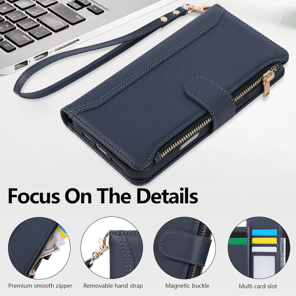 Compatible with iPhone 14 Pro Wallet Phone Case-PU Leather Magnetic Flip Cover with Credit Card Slots,Zipper Pocket & Detachable Wrist Strap,Shockproof Design,for Women and Men-Navy Blue