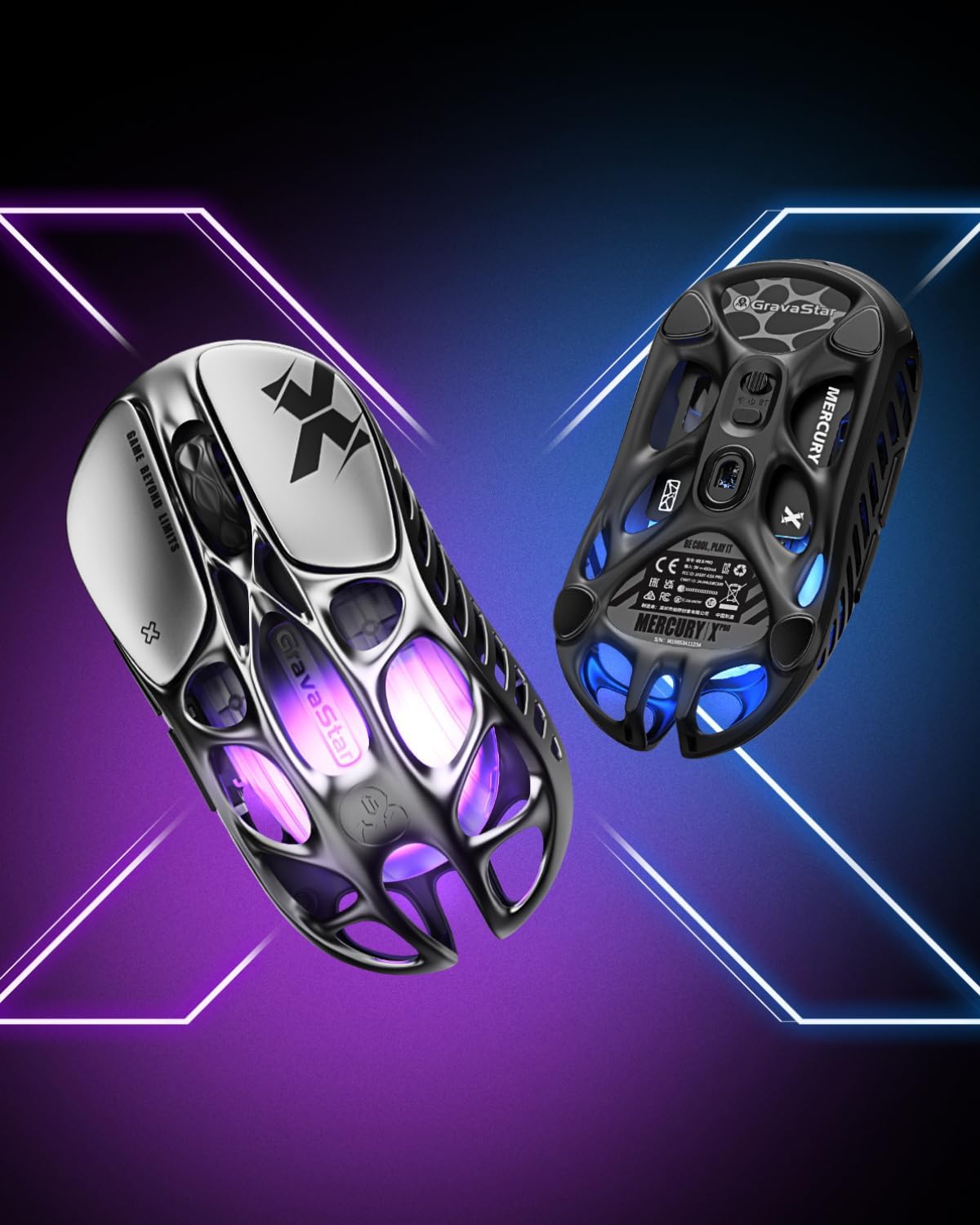 GravaStar Mercury X Wireless Gaming Mouse – 32,000 DPI PAW 3950 Sensor, 1000Hz Polling Rate, Only 49g, Magnesium Alloy Hollow Frame, RGB Lighting, 5 Programmable Buttons