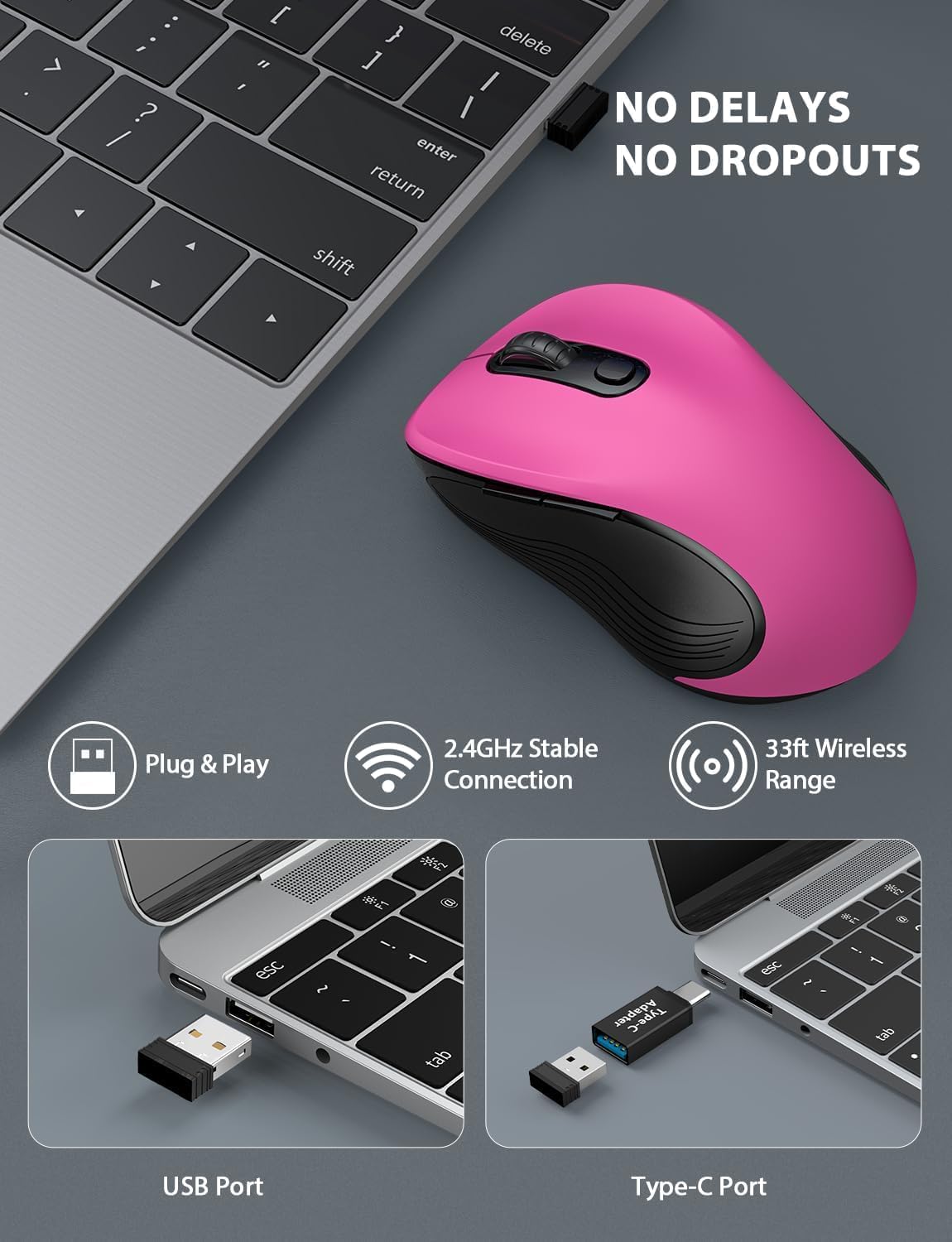 Trueque Wireless Mouse for Laptop, 2.4GHz Ergonomic Computer Mouse with Back & Forward Buttons, 3 Adjustable DPI Levels, 6 Buttons, Optical USB Cordless Mice for Windows MacBook PC (Fuchsia)