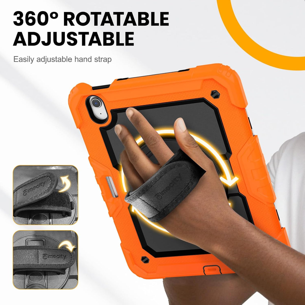 timecity Case for iPad Air 11 Inch M3/ M2 (2025/2024), 360° Rotating Stand, Pencil Holder & Wireless Charging, Shockproof with Screen Protector & Shoulder Strap - for Designers, Orange