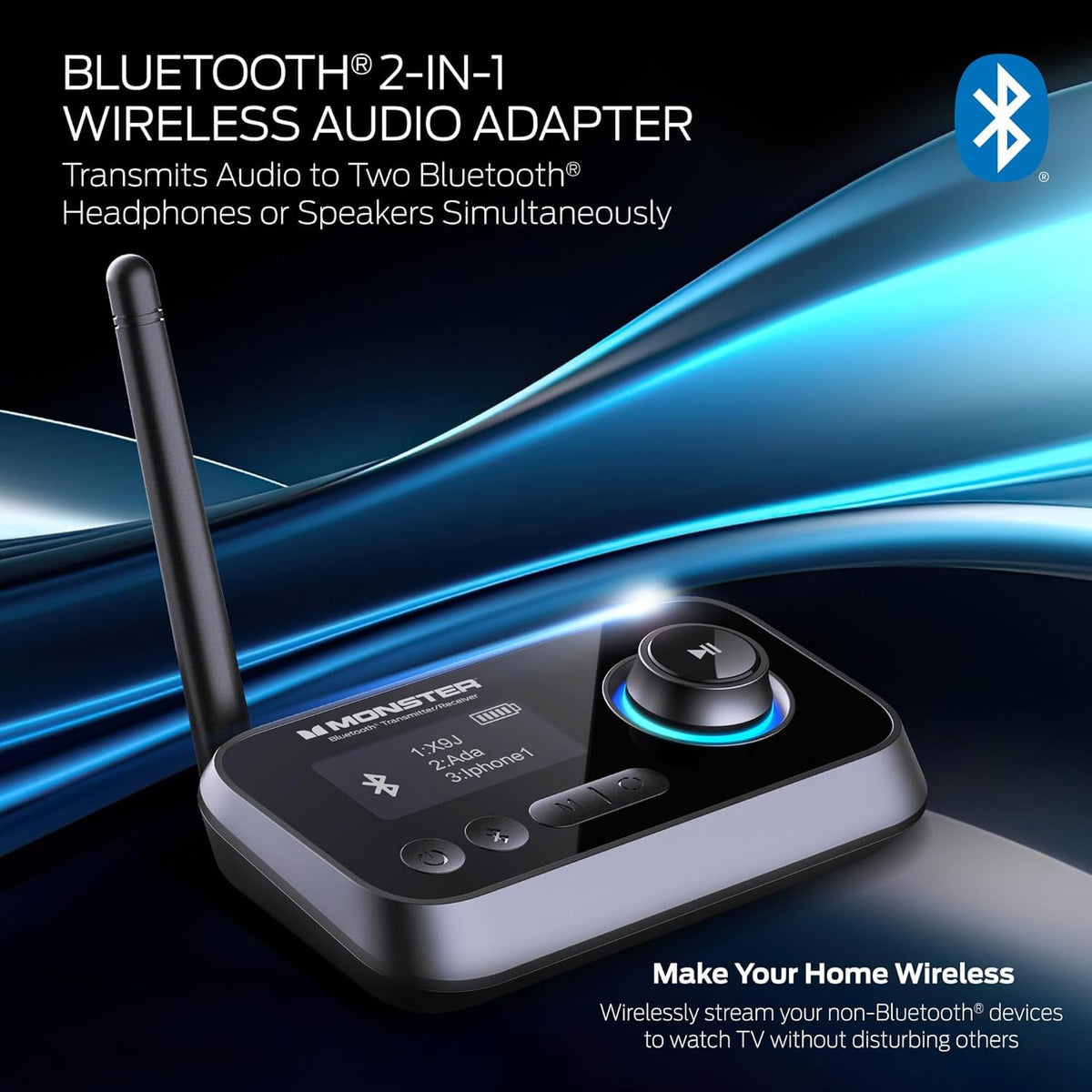 Monster Bluetooth Transmitter & Receiver, 2-in-1 Bluetooth Audio Adapter, Stream to/from NonBluetooth Devices, Stream TV to 2 Headphones, 33 ft Range, Analog & Digital, TV USB Powered, 3.5mm Aux Port