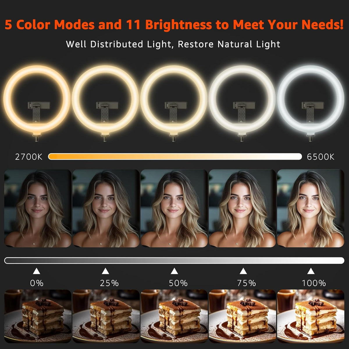 10" LED Ring Light with Overhead Phone Stand, CRI≥95 1200lm Dimmable Lighting, Adjustable Metal Arm with Remote & Phone Holder, for Streaming, Makeup, Zoom Calls, Photography