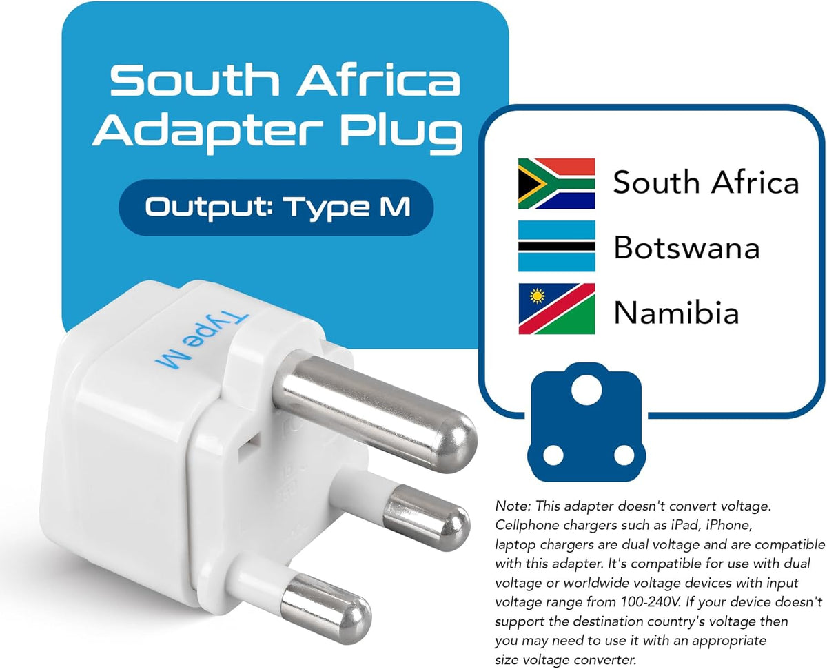 Ceptics South Africa Travel Plug Adapter (Type M) - 3 Pack [Grounded & Universal] (GP-10L-3PK)