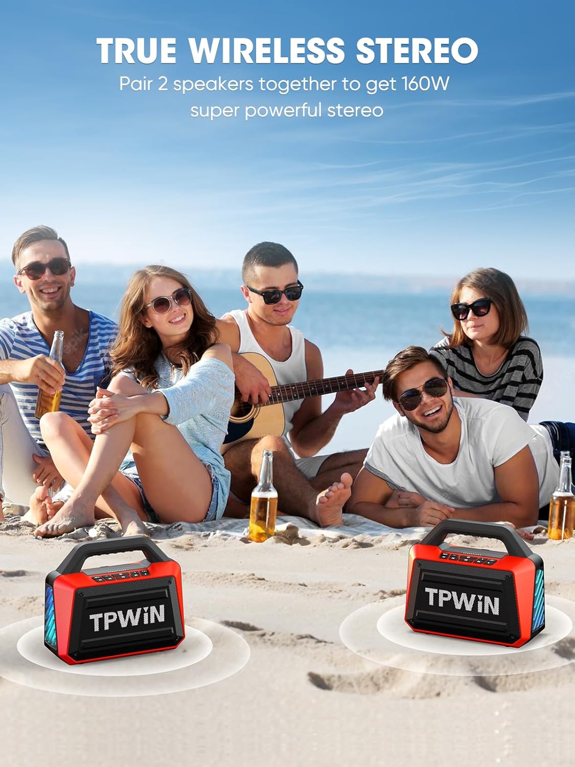 Portable Bluetooth Speakers - Wireless Speaker 80W Peak, Loud Speaker with Light, Strong Bass, BT 5.3, TWS, IPX6 Waterproof, 20H Playtime for Home Party Outdoor Beach Camping - Red