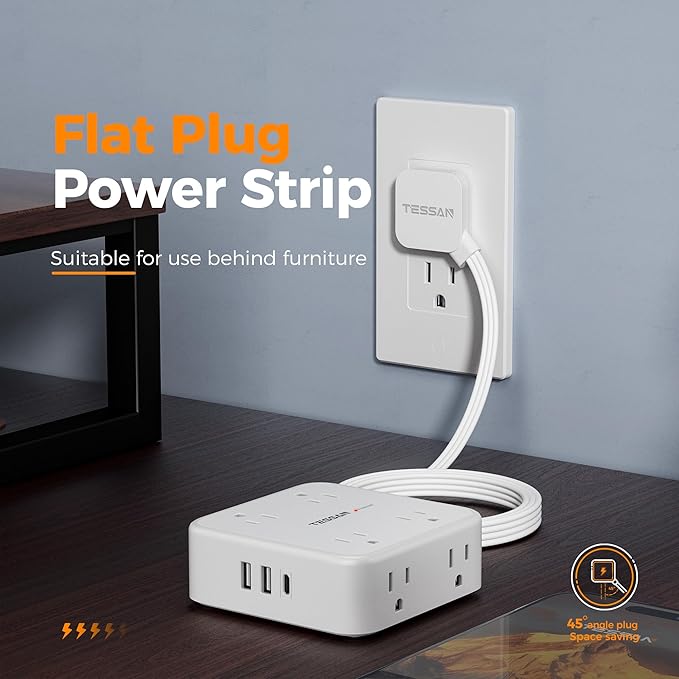 TESSAN Surge Protector Power Strip, 15 Ft Flat Plug Extension Cord with 3 USB (1 USB C 20W PD) 8 Outlets, 900J Protection, 3 Sided Outlet Extender with Power Switch for Office, Dorm Room, White