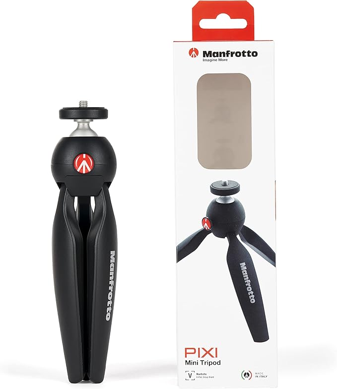 Manfrotto MTPIXIMII-B, PIXI Mini Tripod with Handgrip for Compact System Cameras, for DSLR, Mirrorless, Video, Made in Italy, Technopolymer and Aluminum, Black