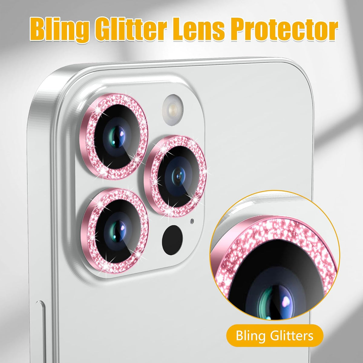 AGVEE 3+3 6 Pack for iPhone 14 Pro/Pro Max, Bling Diamond & Glitter Metal Ring 9H Tempered HD Glass Camera Protector, Bling-Gold