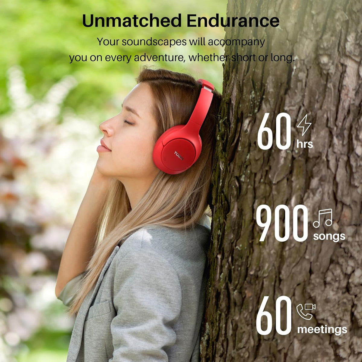 TOZO HT2 Hybrid Active Noise Cancelling Headphones, Wireless Over Ear Bluetooth Headset, 60H Playtime, Hi-Res Audio Custom EQ via App Deep Bass Comfort Fit Ear Cups, for Home Office Travel Red