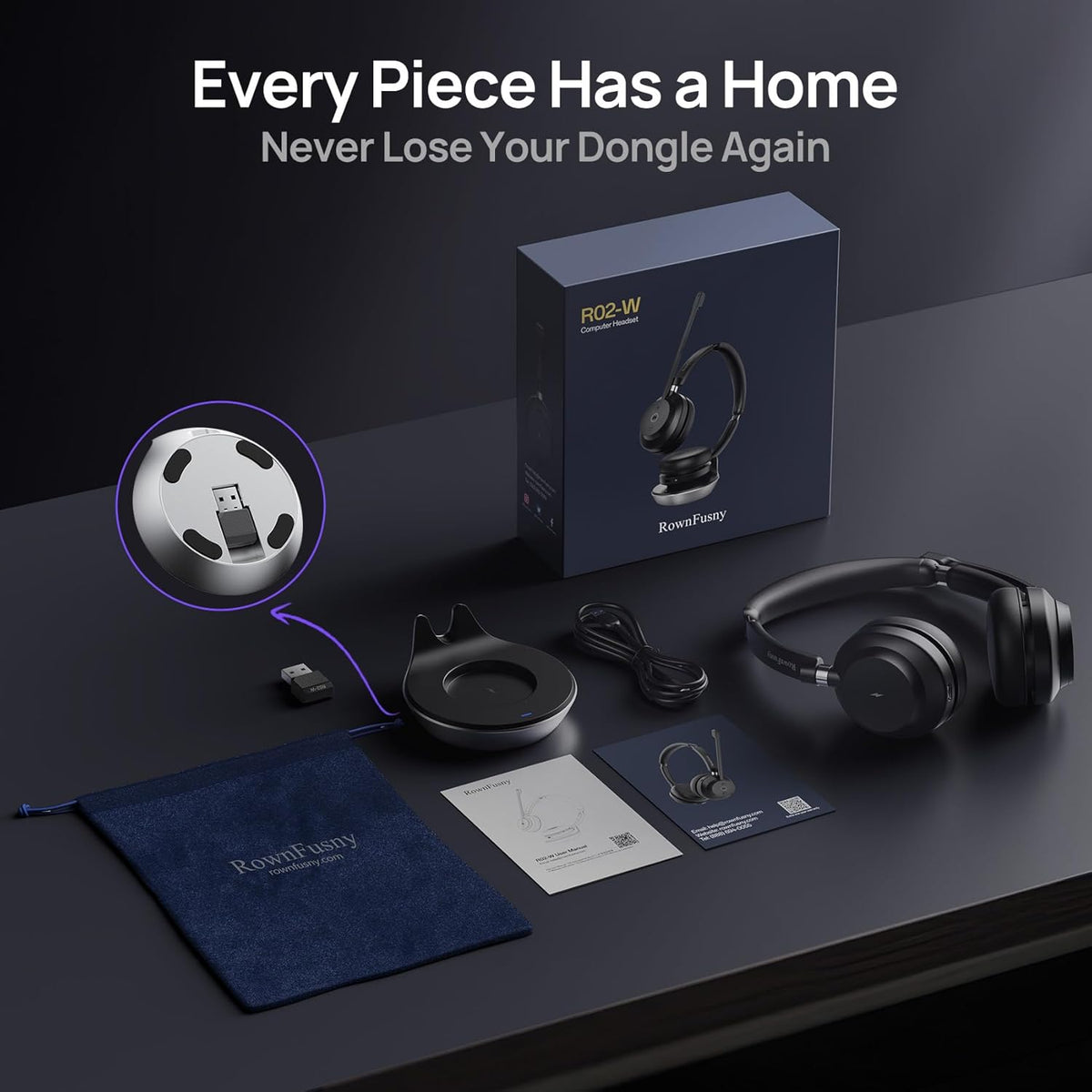 Wireless Headset, Bluetooth Headphones & 2.4G USB Dongle with Noise Cancelling Mic, Mute Button - for PC, Laptop, Call Center, Home Office, Zoom, Teams Meeting