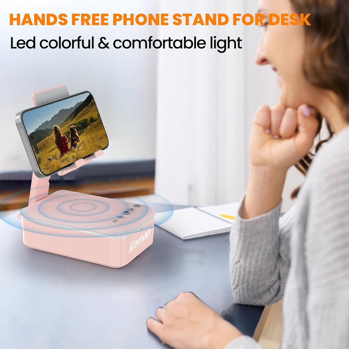 JTEMAN Gifts for Men Women,Cell Phone Stand with Bluetooth Speaker and LED Light,Cool Tech Gadgets,Unique Birthday Gifts for Men Husband Mom Dad-Pink