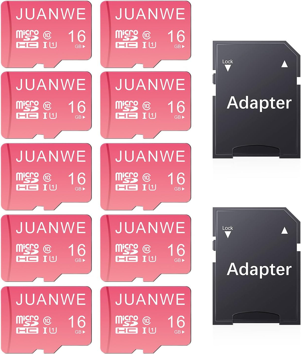 JUANWE 16GB Micro SD Card 10 Pack microSDHC Memory Card with SD Adapter, C10, U1,TF Card 16GB for Dash Cam, Security Camera, Pink