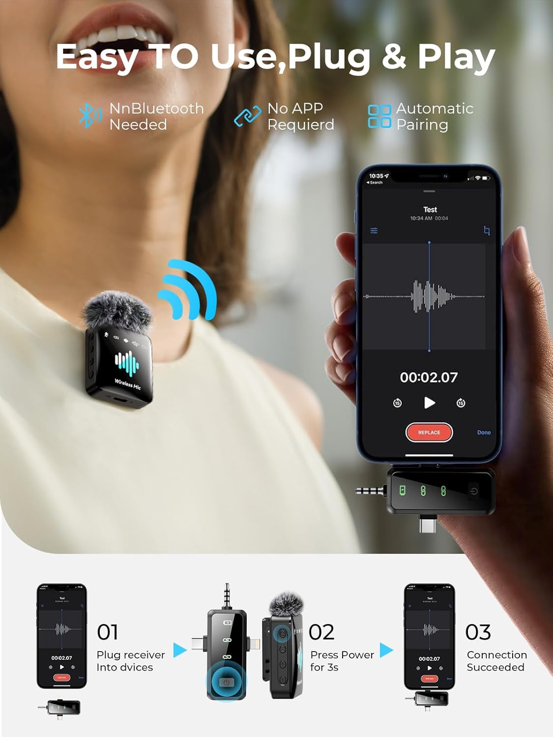 3-in-1 Microphone for iPhone: Wireless Lavalier Microphone for Camera & Android - Mini Mic - 328ft Transmission & 20H Battery Life - Vlogging with AI Noise Reduction